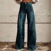 Pantalons amples vintage à fleurs pour femmes - denim bohème avec imprimé floral blanc