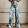 Pantalons amples vintage à fleurs pour femmes - denim bohème avec imprimé floral blanc