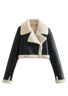 Veste en cuir à col en sherpa - manteau court zippé noir pour femmes