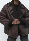 Veste en cuir synthétique - manteau élégant couleur café foncé pour femmes