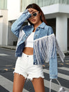 Veste en denim - tendance bleue avec détails en franges pour femmes