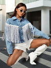 Veste en denim - tendance bleue avec détails en franges pour femmes