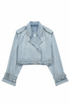 Veste en jean biker - manteau en denim bleu pour femme à la coupe moderne